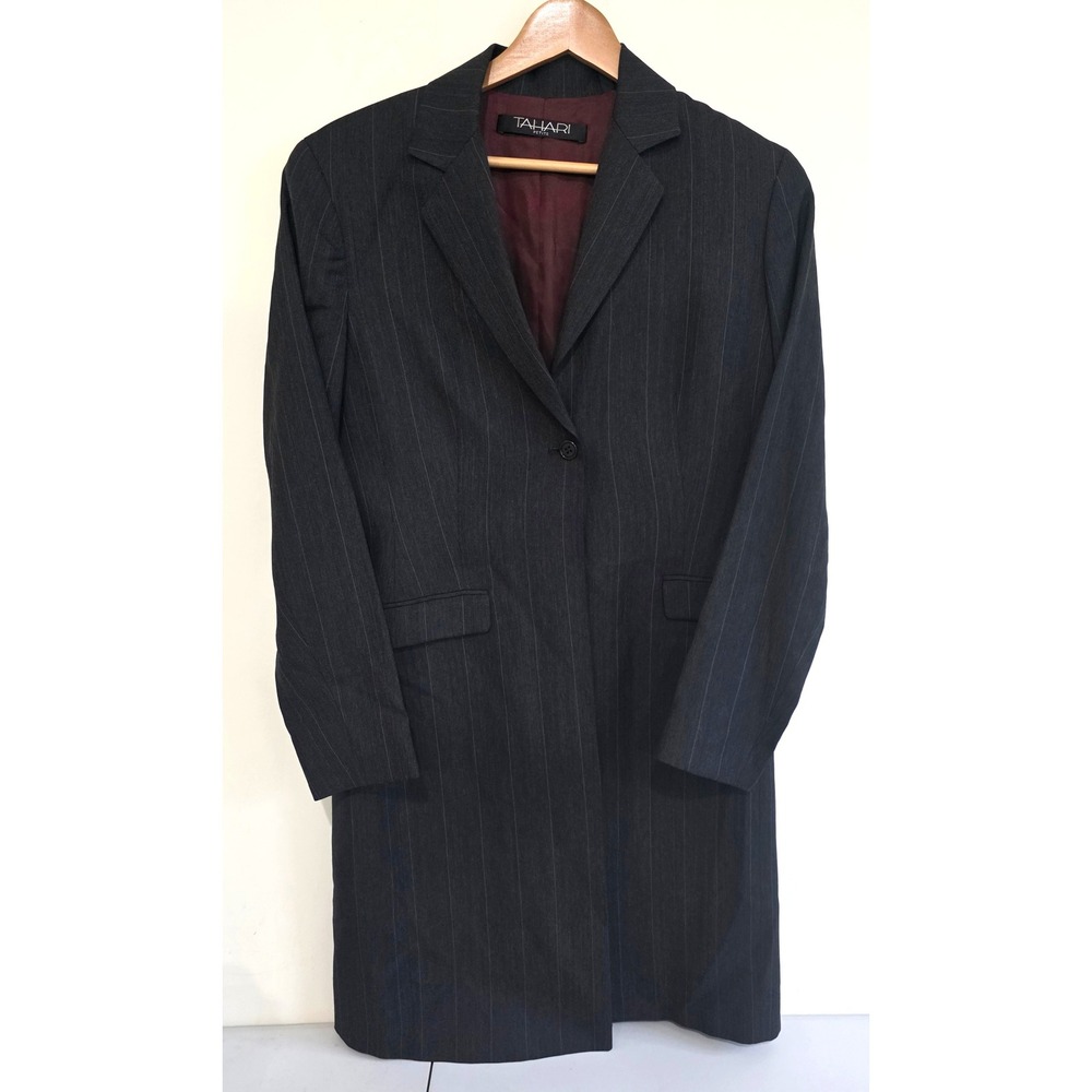 Tahari Longline Blazer Women 6P Gray Pinstripe Wool Blend Petite Blazer Jacket